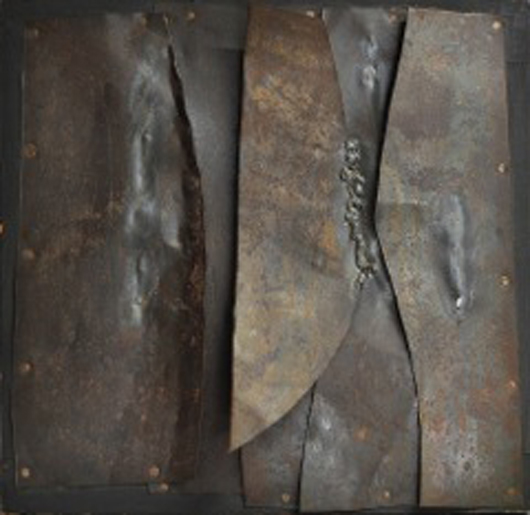 Alberto Burri, Iron, 1960. Iron on wood stretcher. Private collection. Image copyright Fondazione Palazzo Albizzini, Collezione Burri, Città di Castello, 2012. Image courtesy Estorick Collection, London.